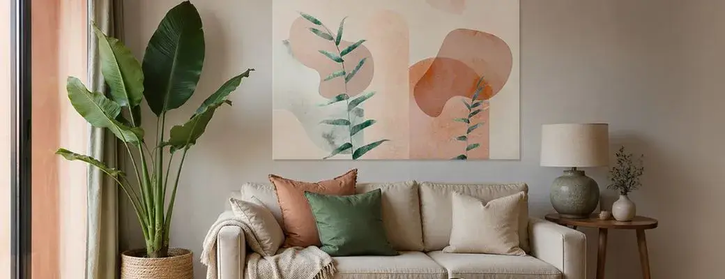 A living room with a sofa, above which hangs a large painting with an abstract botanical theme. The painting features rounded shapes in shades of beige, terracotta and pastel green, as well as delicate twigs with leaves.