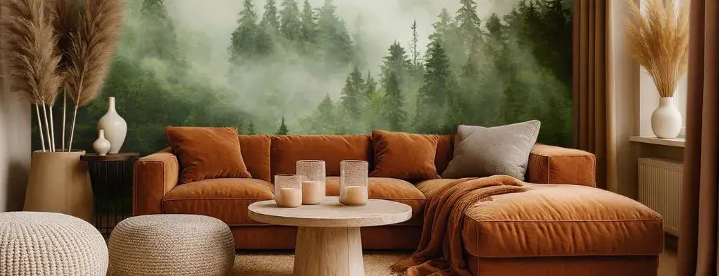 A cosy living room with a corner sofa against a backdrop of a wall mural featuring a misty forest A modern living room in warm earth tones. The feature wall is adorned with a wall mural depicting a forest in the mist. In front of it stands a large velour corner sofa with matching cushions and a blanket. In the centre of the room is a round coffee table.