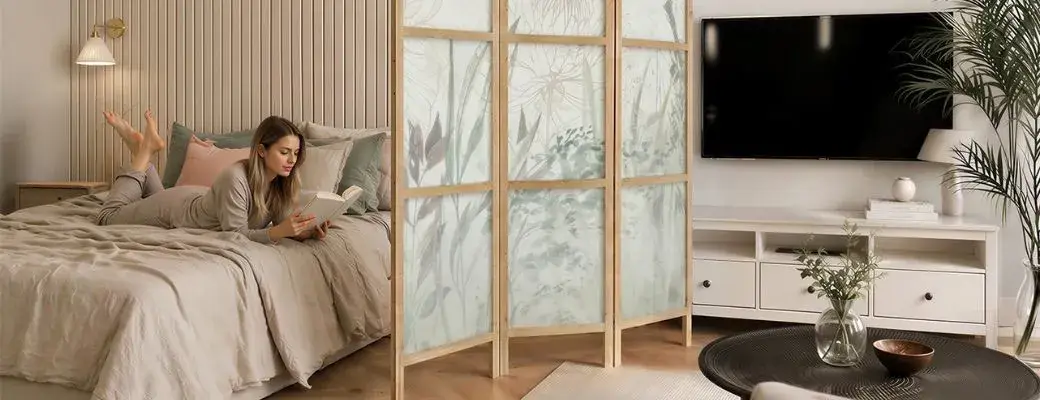 A large bed in the bedroom. The bedroom area is separated from the living area by a Japanese screen with a semi-transparent panel featuring a delicate botanical pattern. A section of the living room is visible on the other side of the screen.