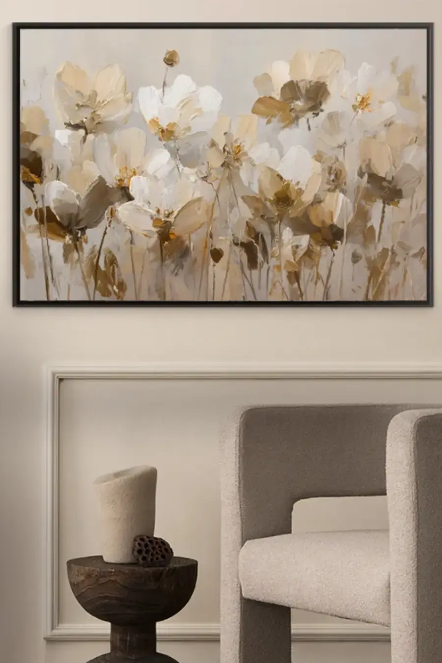Abstract Painting with White Flowers in a Modern Living Room A minimalist interior visualization depicting a large painting in a black frame hanging on a beige wall with decorative stucco. The painting depicts wildflowers.