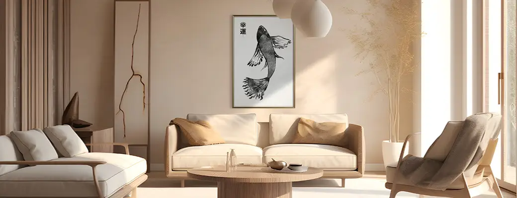 A minimalist living room with a black-and-white Japanese-style koi fish painting. Modern lamps hang above the wooden coffee table, and the interior is complemented by natural plants and soft sofas.