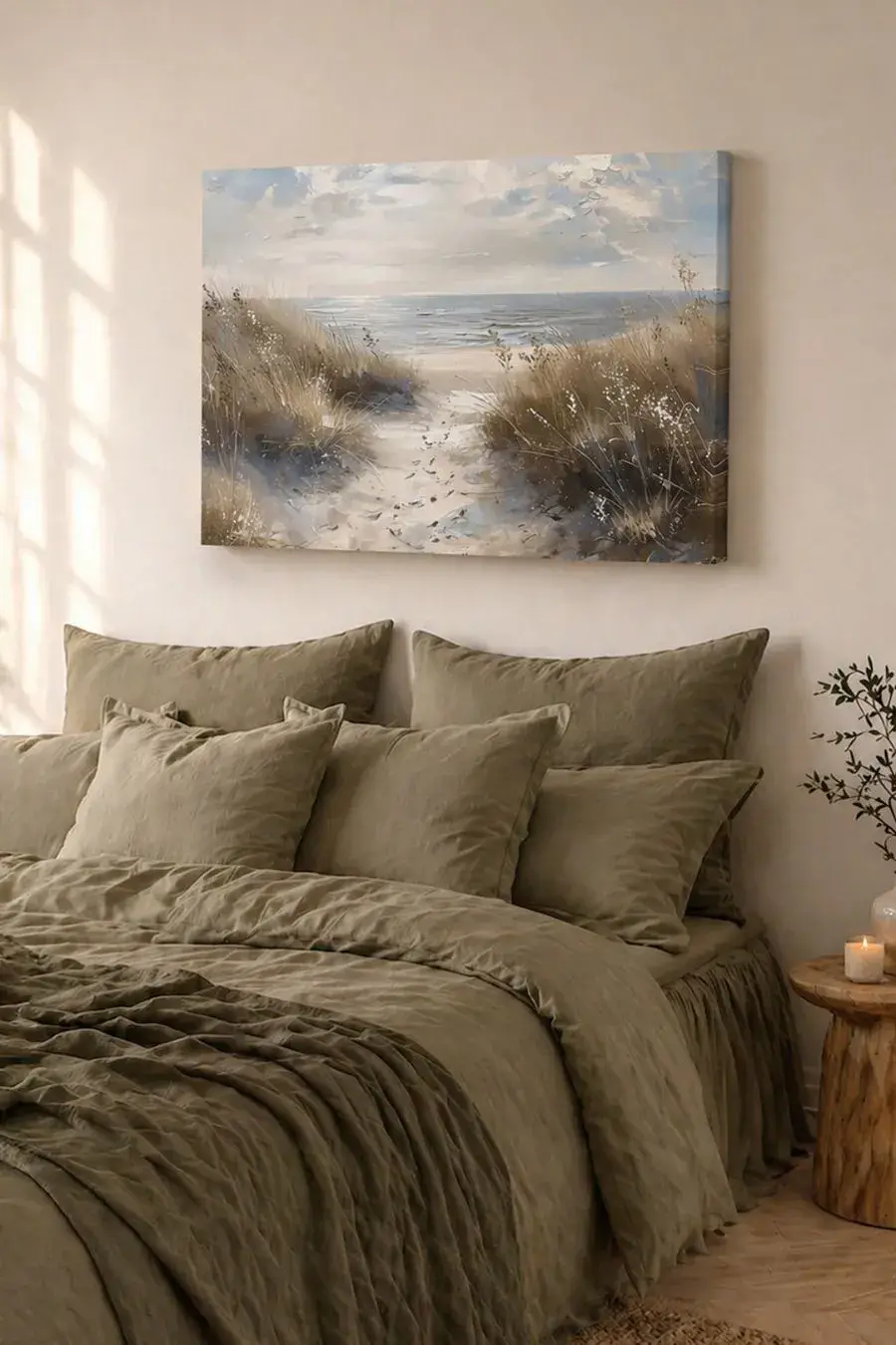 A cosy bedroom in muted colours. A frameless canvas print hangs above the bed. The artwork depicts a coastal landscape: a path through dunes covered in dry grass, leading towards the sea under a slightly overcast sky.