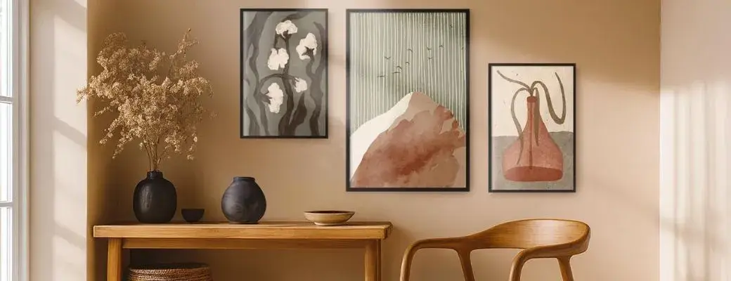 A home wall gallery consisting of posters in black frames, hung on a beige wall. The posters depict white cotton flowers, a minimalist landscape with a hill and birds, and an abstract graphic featuring a vessel in terracotta shades.