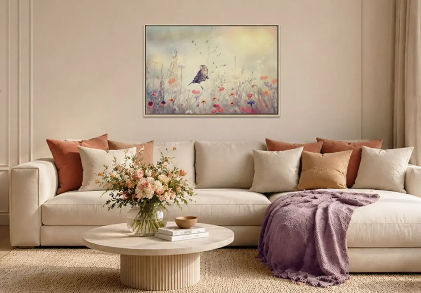 A classic framed canvas print of a bird in a meadow, hung above a beige sofa in the living room An elegant living room interior in a classic style. On the wall hangs a painting in a light-coloured frame, depicting a bird perched on a twig amidst a picturesque meadow dotted with wildflowers. Below is a sofa adorned with numerous cushions.