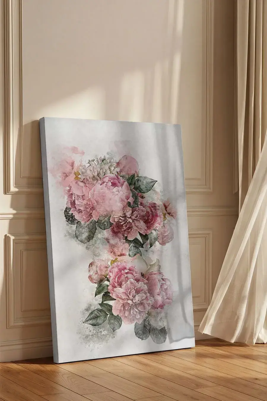 A canvas painting of pink peonies leaning against a wall with stucco An elegant canvas painting depicting a bouquet of pink peonies in a watercolour style, leaning against a wooden floor and a light beige wall. The painting features delicate pink flowers with green leaves against a light, whitewashed background.